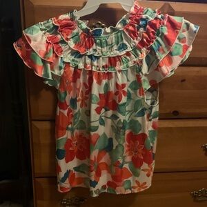 Girls Floral Ruffle Off-Shoulder Top - Coral & Teal